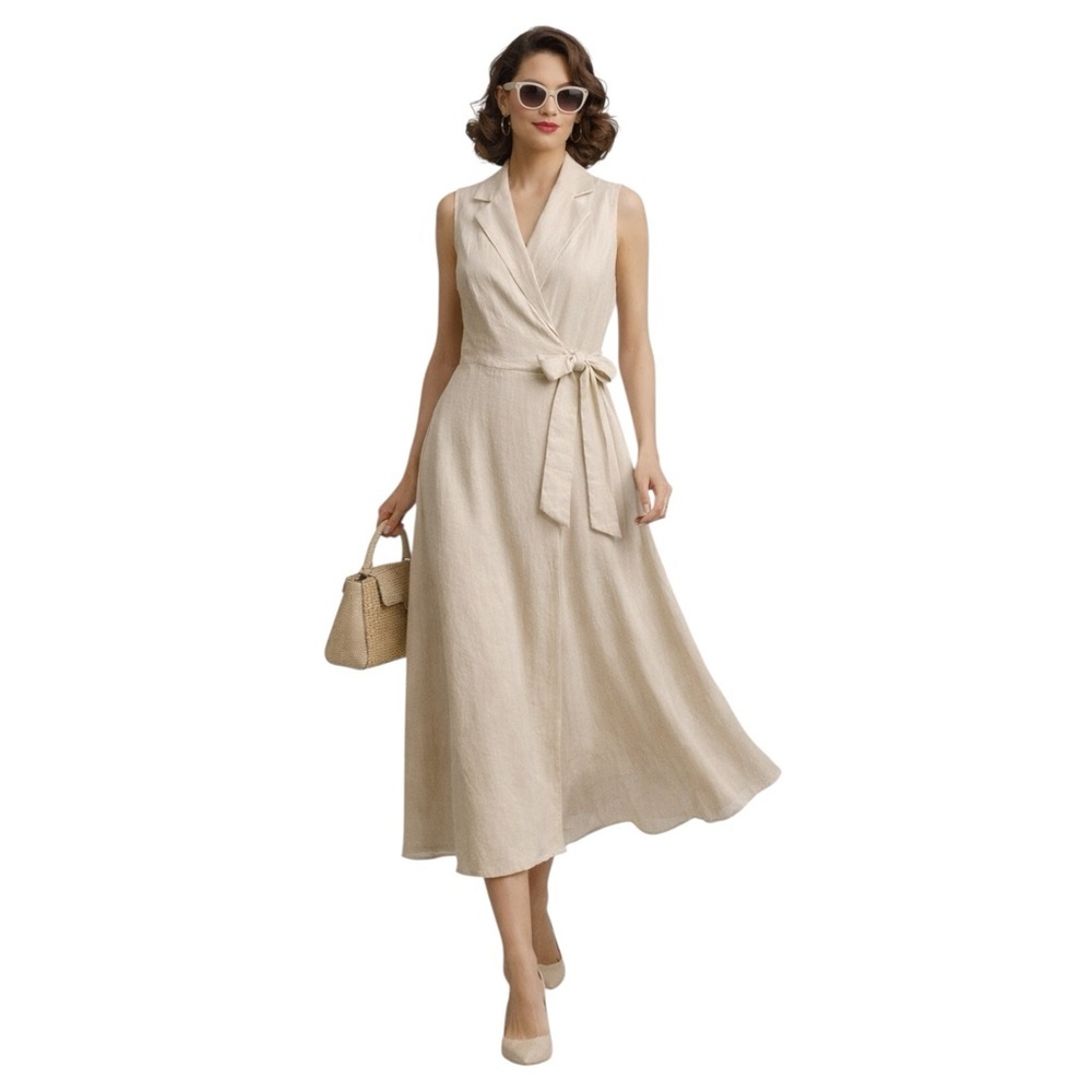 Glamour Wrap Linen Sleeveless Midi Dress Women’s 14 Retro Minimalist Coastal